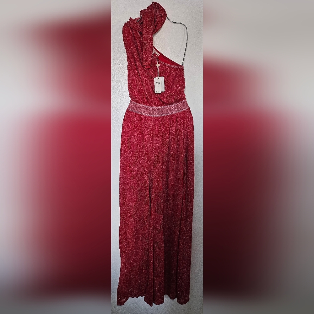 NWT Unique CECILIA Prado Red with Silver glitter open shoulder Jumpsuit sz P/S
